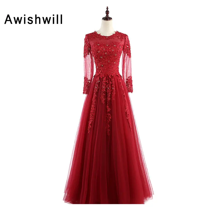 

Floor Length Red Evening Dress for Special Occasion Appliques Beaded Tulle Long Sleeve Party Dress Elegant Open Back Prom Gown