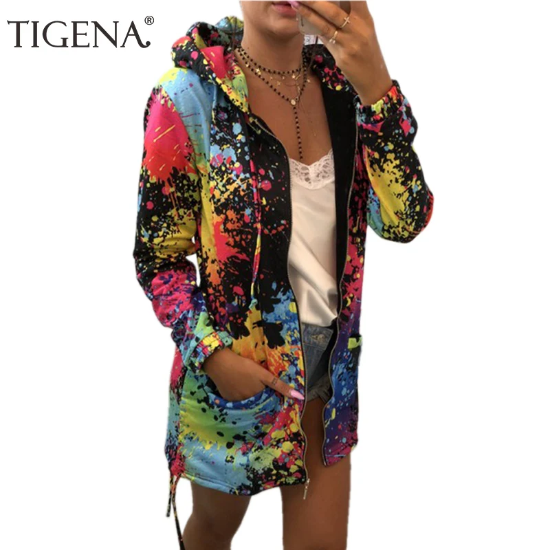 Tigena 2019 осенние модные разноцветные толстовки на молнии с капюшоном женские