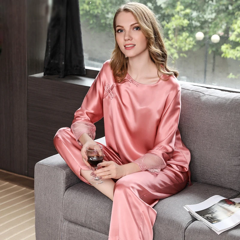 100% natural silk Retro pyjama set women fashion sexy pajama sets long sleeve elegance pijama mujer spring homewear femme