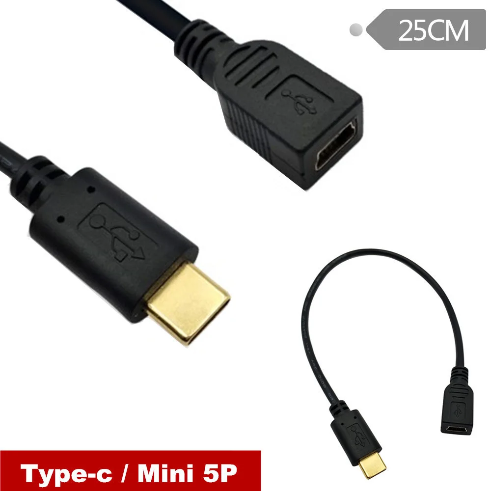 Позолоченный USB-C 3 1 Type C с разъемом Mini USB 5PIN женский Зарядный Кабель-адаптер длиной