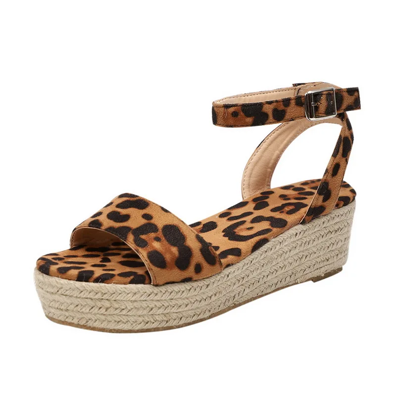 leopard A Puimentiua/летние босоножки на платформе; коллекция года; Модные женские сандалии; обувь на танкетке; повседневные женские черные босоножки на платформе с открытым носком; большой размер 43 - Цвет: leopard A
