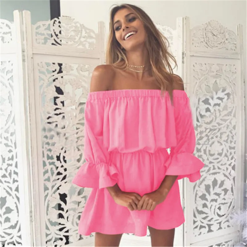 Женское летнее платье с оборками однотонное пляжное вечернее мини из хлопка