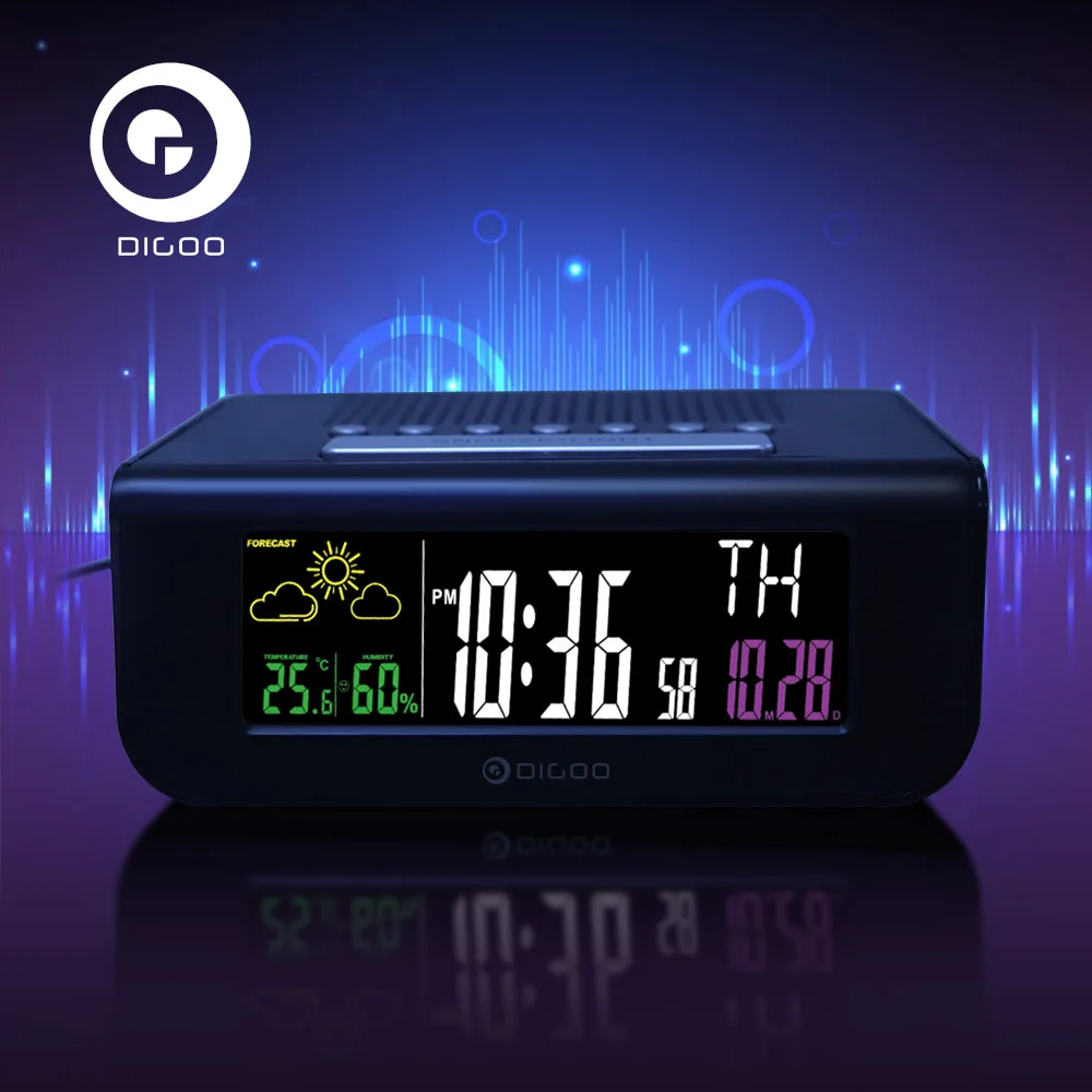 Digoo DG-FR100 цвет беспроводной FM радио часы цифровой Повтор двойной-будильник погоды Календарь Температура Влажность