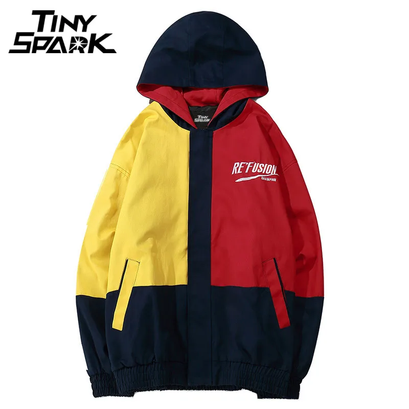 Винтаж Цвет блока Лоскутная куртка с капюшоном хип хоп свободные уличная Oversize
