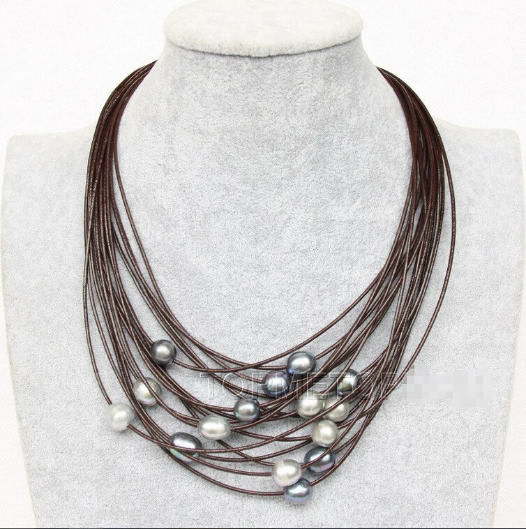 Бесплатная доставка солнца! 15 прядей Большое белое серое черное жемчужное винно-красное кожаное ожерелье e2321