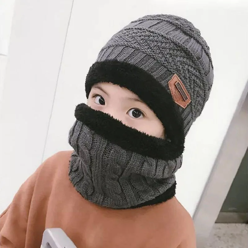 Baby Knitted Hat Scarf Winter Warm Children Kids Cap Beanies Circle Thicken Fleece Lining For 2-12 Years Boys Girls | Детская одежда и