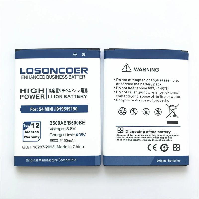 100% оригинал LOSONCOER 5150mAh B500BE B500AE батарея для Samsung S4 Mini i9192 i9190 i9198 S4mini i9195 батареи