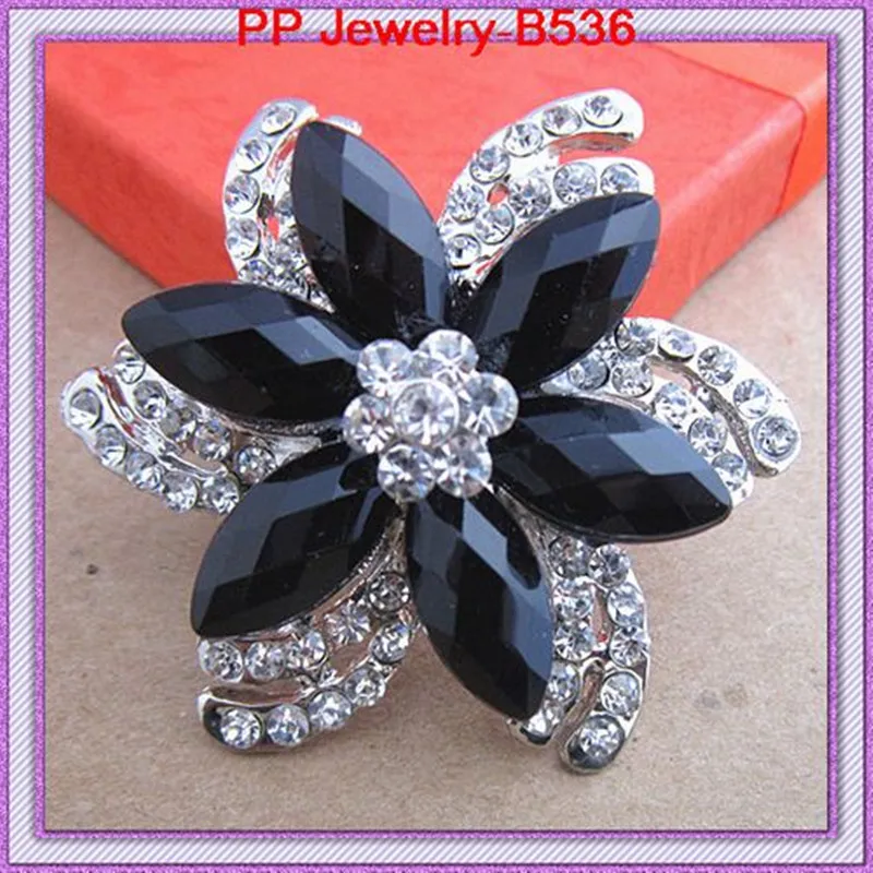 Посеребренная винтажная черная Цветочная Брошь из горного хрусталя/античные