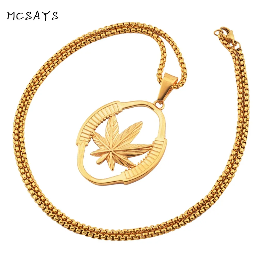 MCSAYS Нержавеющая сталь Jewelry Конопля Сорняк Листьев оружие кулон цепи коробки