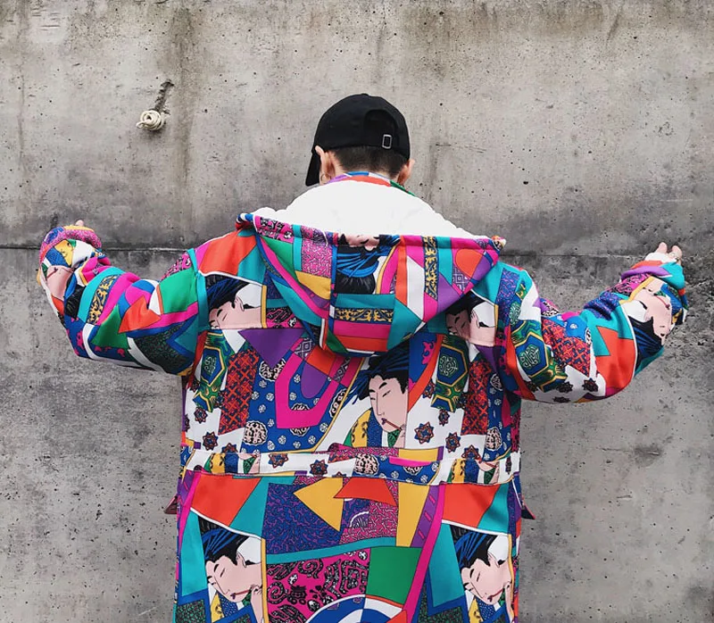 Harajuku японский Ukiyo E Красочные Лоскутные мужские куртки и пальто хип хоп съемный