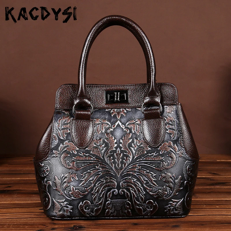 KACDYSI Handmade Cowhide Leather Brush Color Embossed Women's Handbag Retro Designer Ladies Message Bag Shoulder Messenger | Багаж и