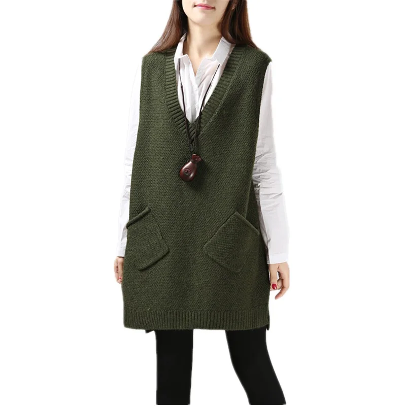 New Warm Winter Vest Women Knitted Sleeveless Coat Casual Female Autumn Long Slim Waistcoat Gilet Femme Pocket Vests Ladies | Женская