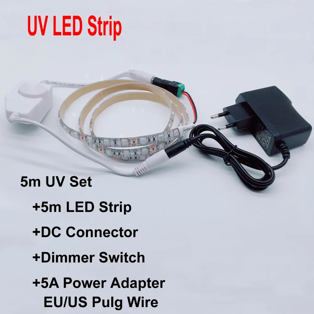 UV Led Strip light 5050 SMD 60leds/m 395-405nm Ultraviolet Ray LED Diode Ribbon Purple Flexible lamp+Dimmer Switch+power adapter | Лампы и