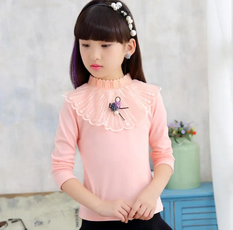 pink 6 kids tops Г. Блузка для девочек, рубашки школьная форма для девочек-подростков, Одежда Блузки для девочек топы для детей, хлопковая кружевная рубашка с длинными рукавами для детей - Цвет: pink 6 kids tops