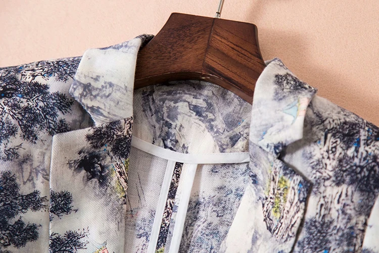 SEQINYY Short Jacket Summer Spring New Fashion Design 3/4 Sleeve Ink Forest Printed Thin Casual Women Linen Blazer
