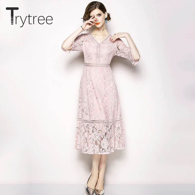 Женское кружевное платье Trytree повседневное однотонное розовое трапециевидной