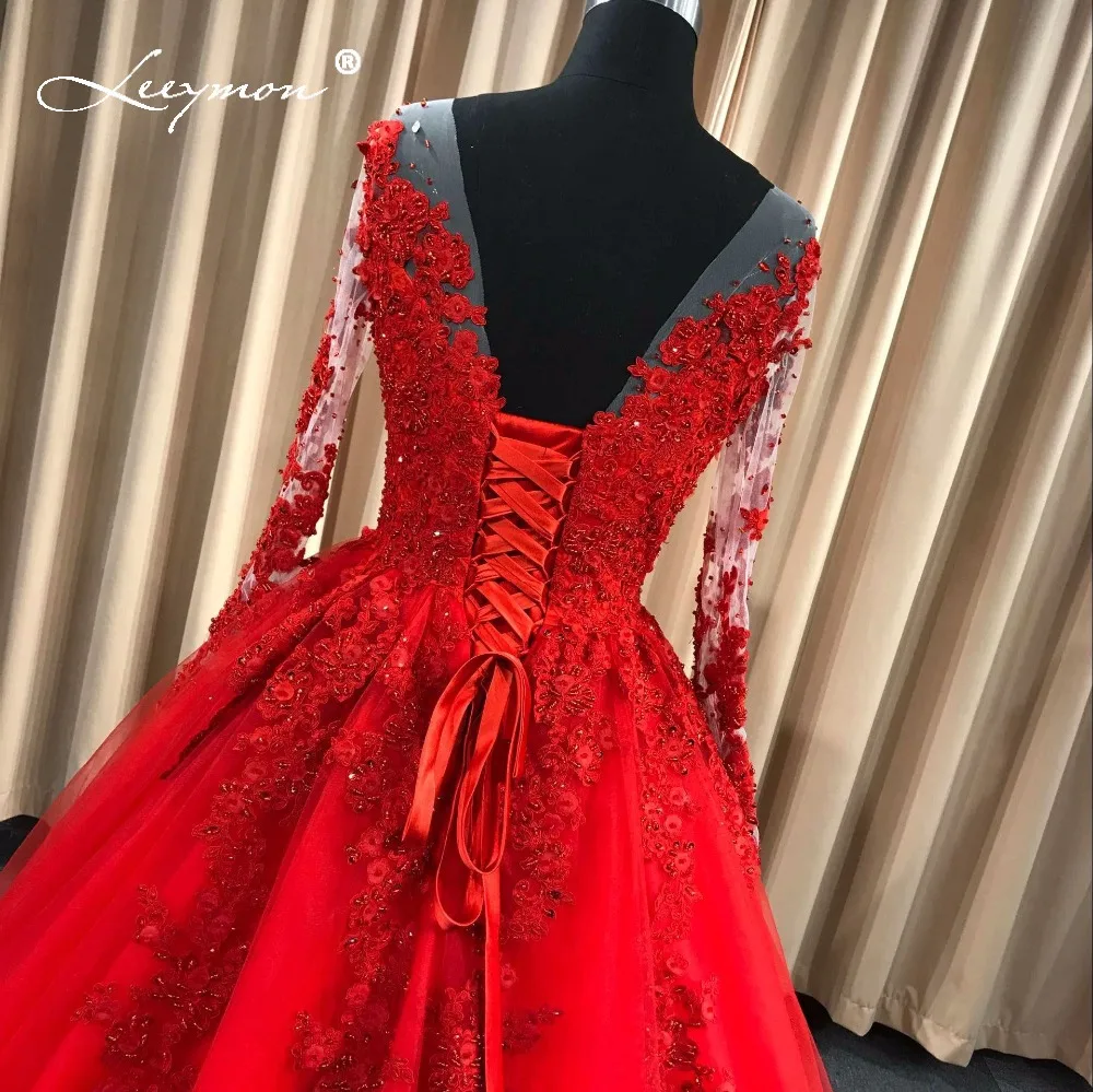 Leeymon красное свадебное платье с длинными рукавами кружева 2019 Sheer Backless Robe de Mariage