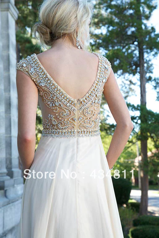 2014 New Scoop Neckline Cap Sleeve Beaded/Crystal See-Through A-Line Tulle Prom Dresses Floor Length Zipper Back Free Shipping | Свадьбы и