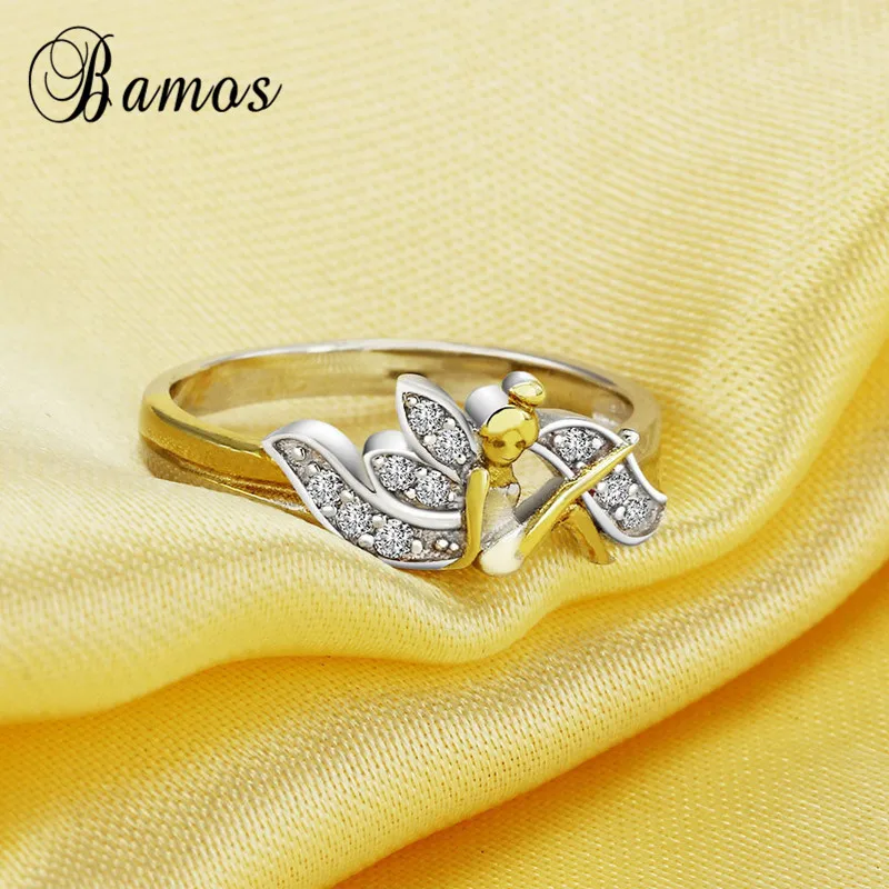 Bamos Doble Colors Cute Angel Ring Simple Cubic Zirconia Wings Rings For Women Fashion Birthstone Jewelry Bridesmaid Gift | Украшения и