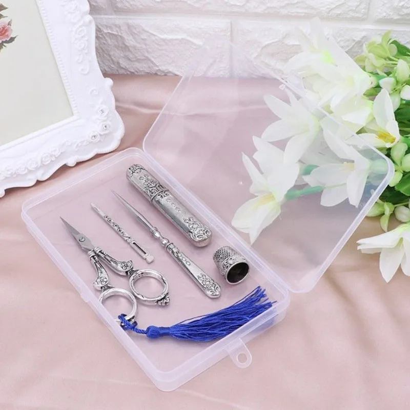 

High Sewing Scissors Set Vintage Embroidery Tool Alloy Awl Threader Thimble Needle Case Kit LG66