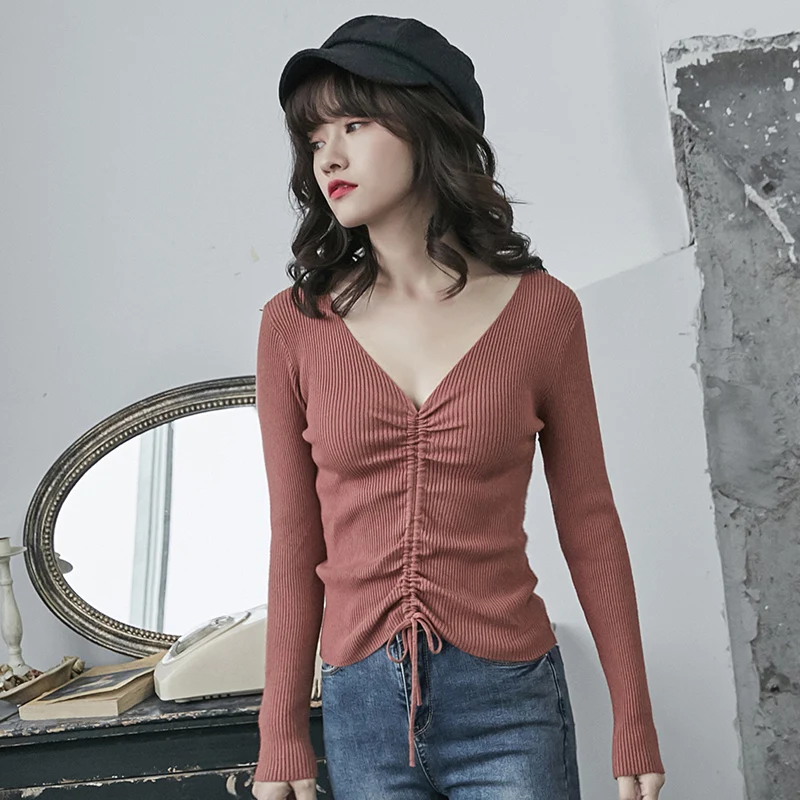 Женский свитер с рюшами облегающий длинным рукавом Осень-зима CGM18138 | Женская