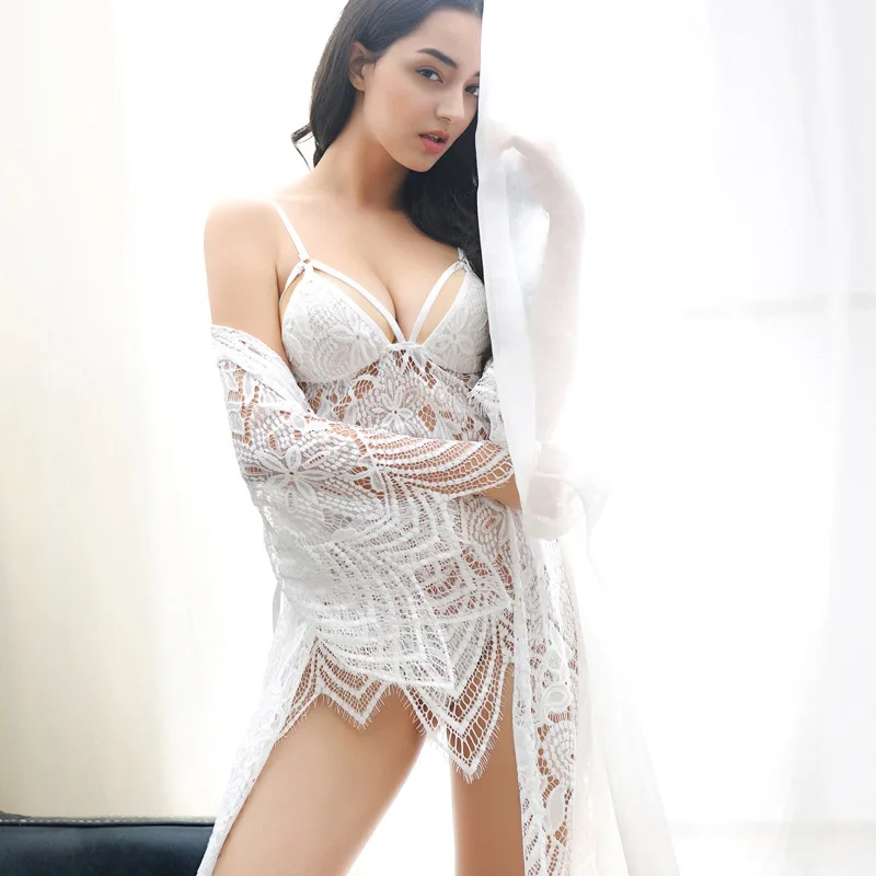 NightdressSuit White Сексуальный утолщенный кружевной прозрачный халат из трех частей, богемные пижамы на бретельках, женское соблазнительное белье - Цвет: NightdressSuit White