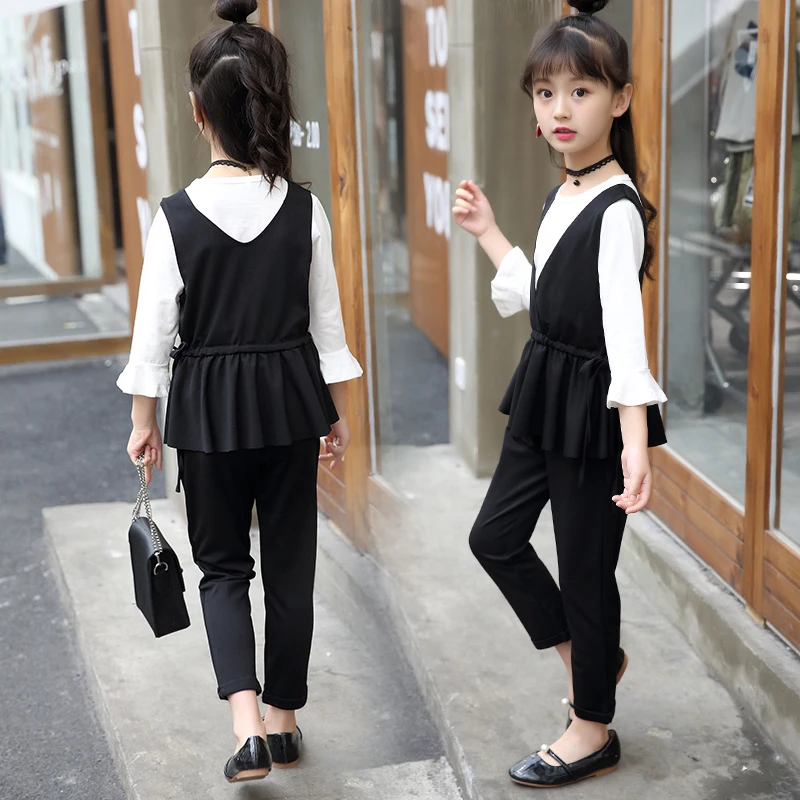 2019 Brand Girls Sport Clothes Set For Autumn Spring Vest+Long Sleeve+Pants 3 Pcs Kid School Perform | Детская одежда и обувь