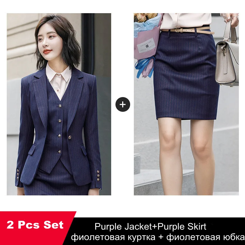 purple jacket skirt Женская юбка, костюм с карманами, Элегантный Приталенный Блейзер в полоску+ юбка, 2 предмета, деловой костюм с юбкой, офисная одежда XU973 - Цвет: purple jacket skirt