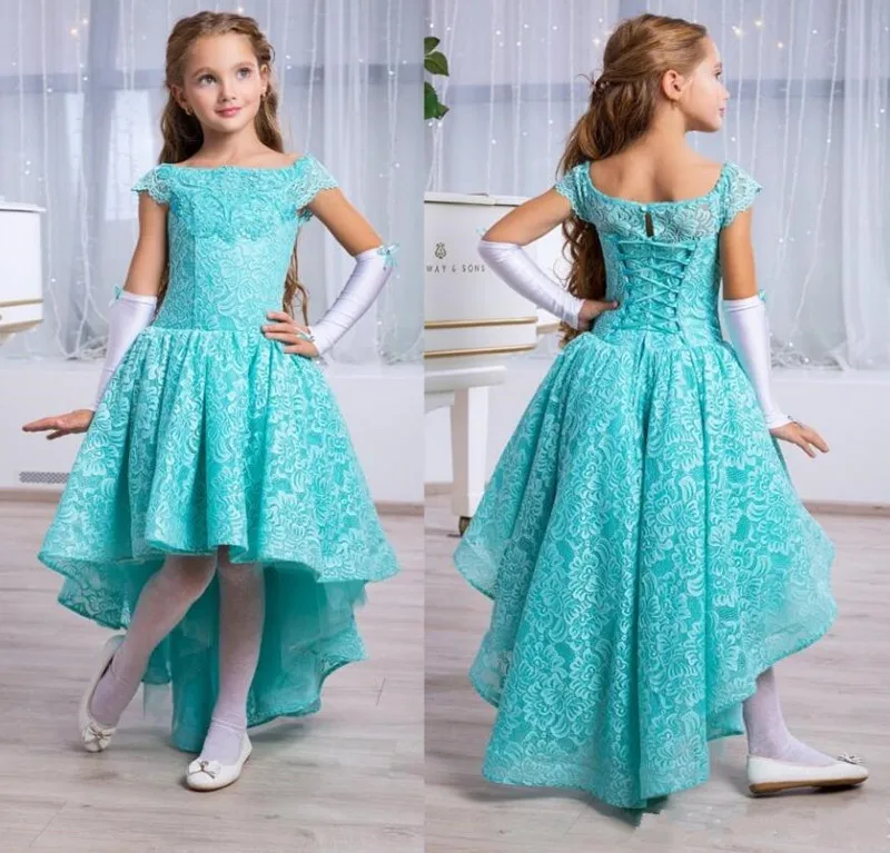 Unique and Soft Lace High Low Girls Pageant Gowns with Cap Sleeves Up Back Custom Made Flower Girl Dress For Wedding Longo | Детская