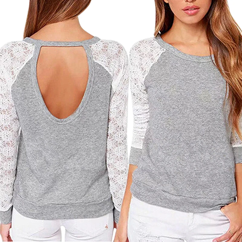 Female sweetshot Long Sleeve Sexy Lace Shirts Backless Embroidery Knitted Tops Pullover girl casual long sleeve for Women
