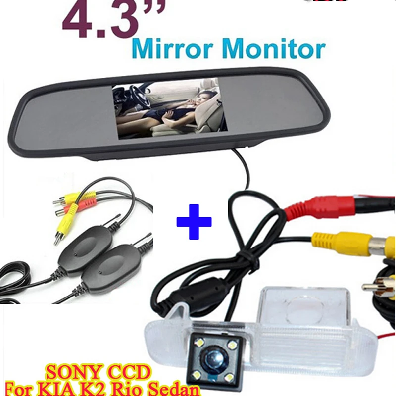 YeHeng store Wireless HD4.3" Color TFT LCD Car Rear View Mirror Monitor and CCD Car rear view camera for KIA K2 Rio Sedan Camera