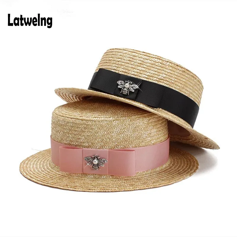 Sombreros de paja para el sol para mujer y niño, sombrero de paja de marca de lujo, a la moda, de abeja, plano, hecho a mano, para playa y fiesta