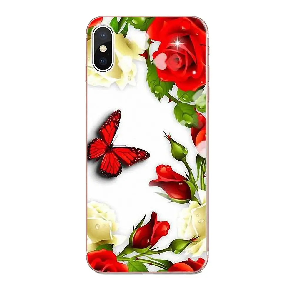 Красная бабочка на белых розах цветок для Apple iPhone X XS Max XR 4 4S 5 5C 5S SE 6 6S 7 8 Plus брокколи