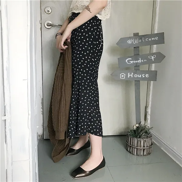 Горошек Шифона Юбка Mermaid Длинные Оборками Хем Slim Fit юбка Юп Longue Femme Saia Feminina Лунга