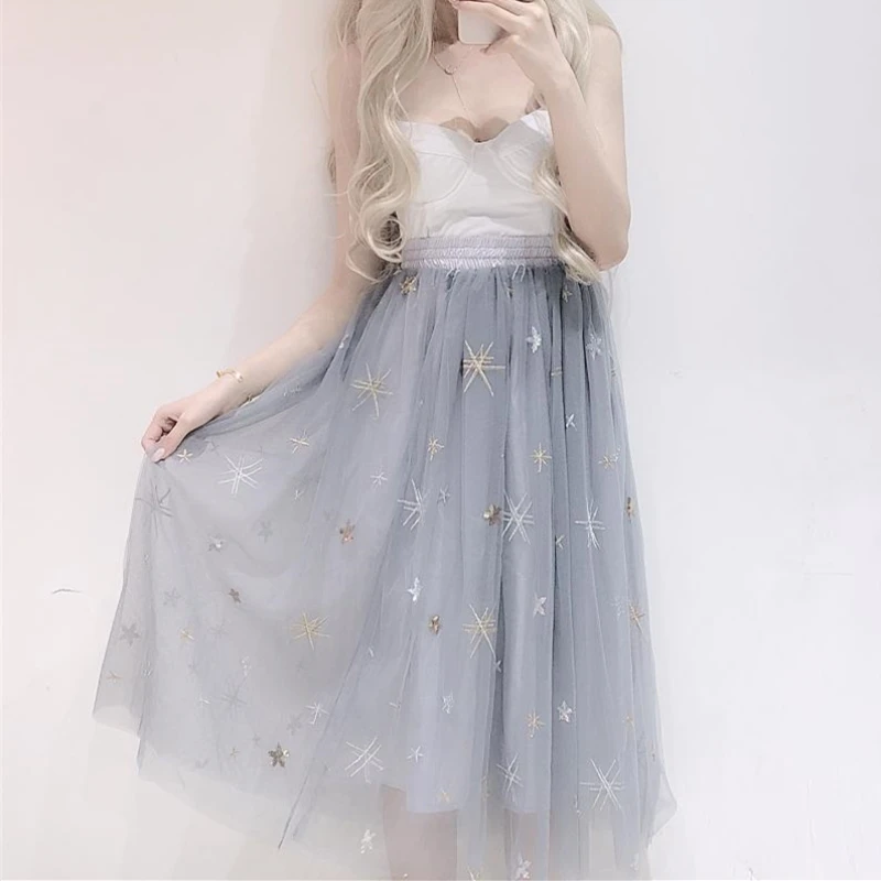 

Simple Mid-calf Net Yarn Skirt Star Appliques Low Waist A-line Dress Spring Casual Women's Sweet Cute Long Skirt Fairy Kei