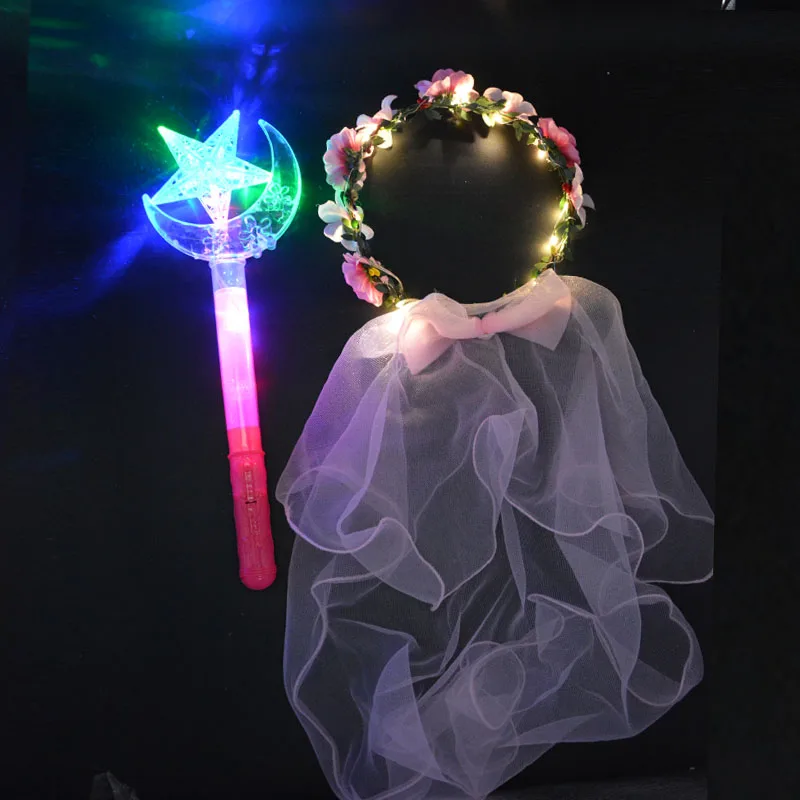 

Flower Girl Crown Bunny Cat Light Blinking Headband with Glow Magic Wands Stick Neon Party Glow Props LED Party Favor Christmas