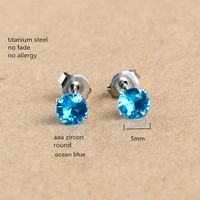 titanium stud earrings 5 mm ocean blue aaa zircon 316 l stainless steel no fade allergy free