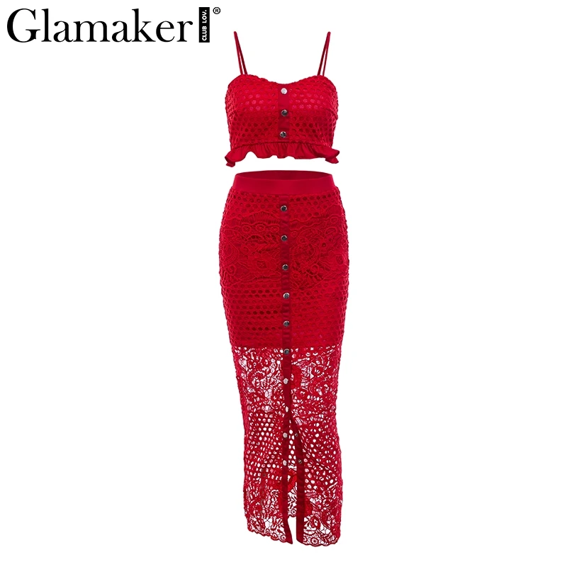 Красный Glamaker сексуальное открытое белое кружевное платье для женщин с рюшами и пуговицами, 2 предмета, осеннее платье макси, Элегантное Длинное Вечернее Платье с разрезом, облегающее - Цвет: Красный