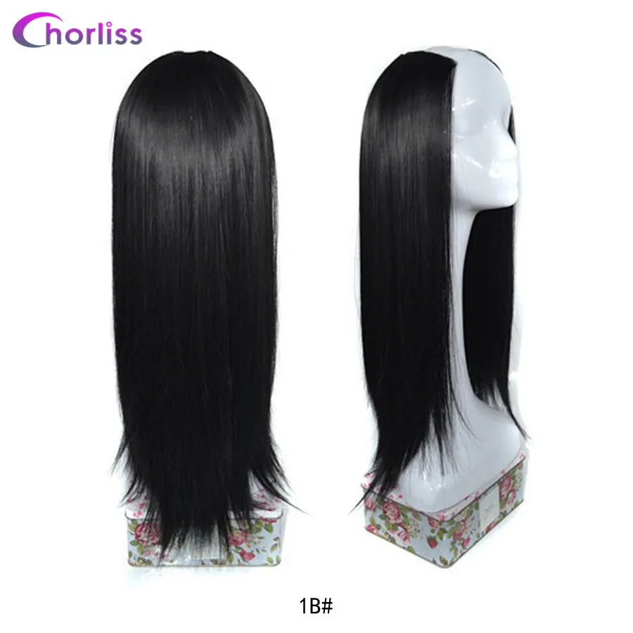 Natural Black Chorliss 24 ''длинные прямые синтетические u-образные волосы парик для женщин Омбре u-часть клип в наращивание волос синий черный шиньон - Цвет: Natural Black