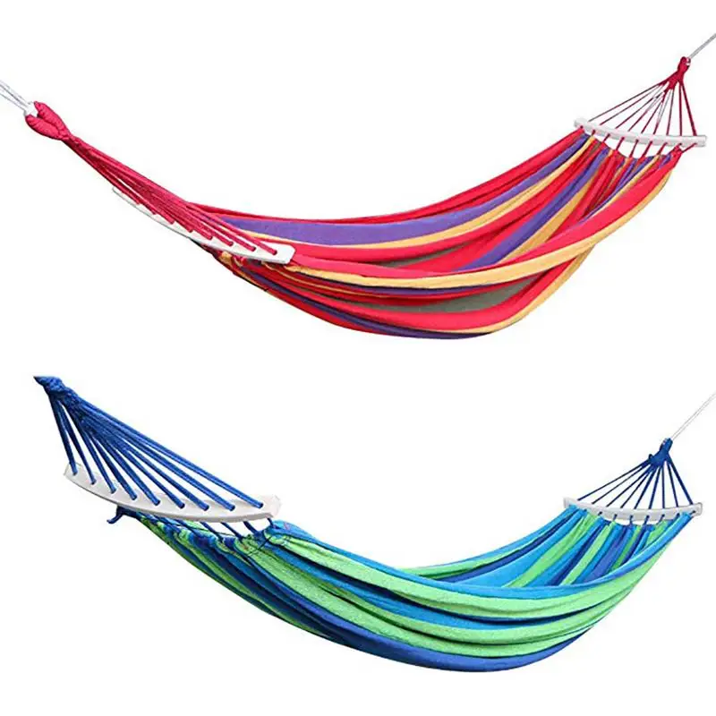

Two People Outdoor Canvas Camping Hammock Curved Wooden Stick Stable Garden Swing Chair Hanging Hammocks Blue Stripe/Red Stripe