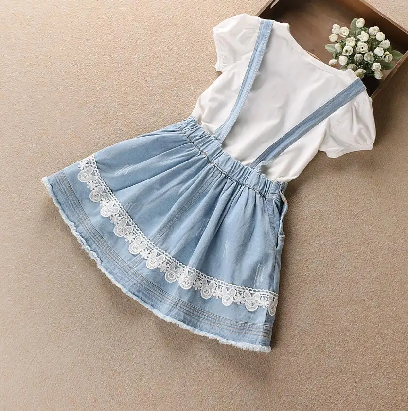 Новые детские летние принцесса девушки dress костюмы белый письмо топ + жан кружева