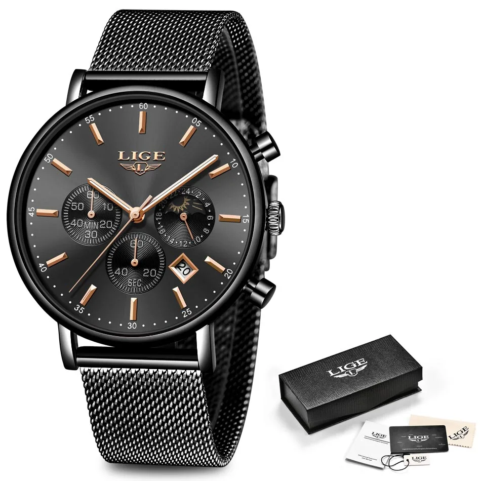 Black rose gold LIGE женские модные синие женские кварцевые часы сетка высококачественный ремешок для часов повседневные водонепроницаемые наручные часы женские часы Reloj Mujer - Цвет: Black rose gold