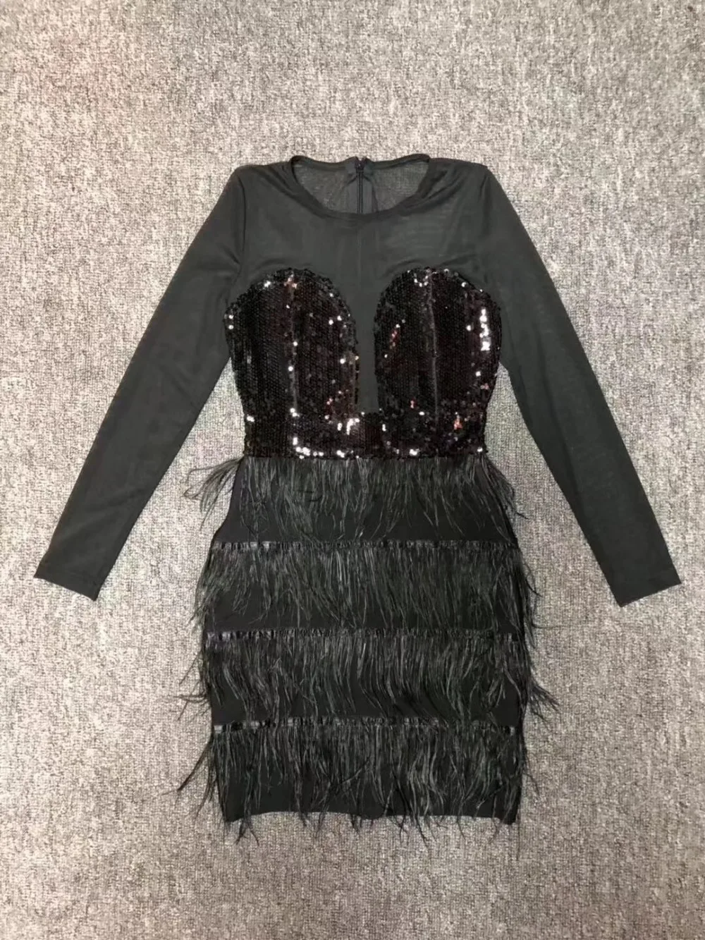 New Arrival Sexy Long Sleeve Mesh Sequins Feather Bandage Dress 2019 Knitted Elastic Bodycon Party | Женская одежда