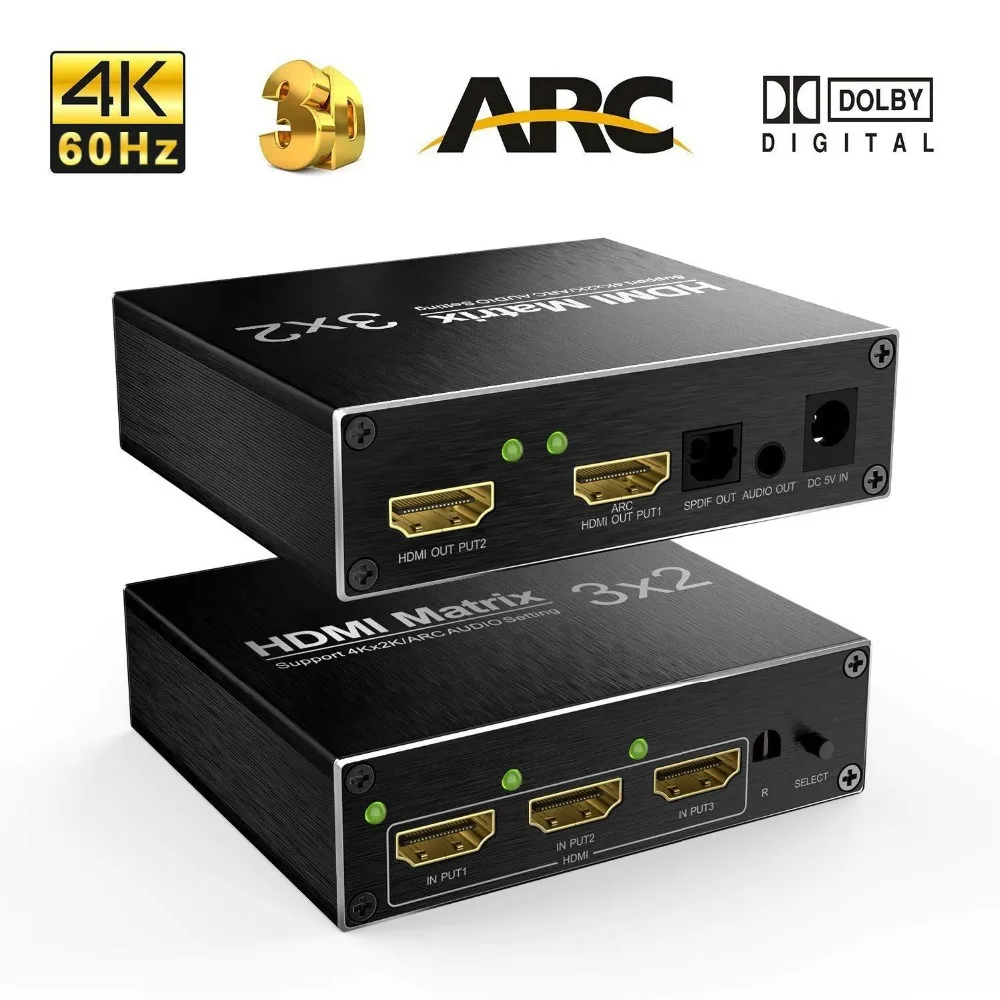 4K HDMI сплиттер 60 Гц Ultra HD 3X2 матричный коммутатор переключатель R/L + ARC 3 порта входы 2
