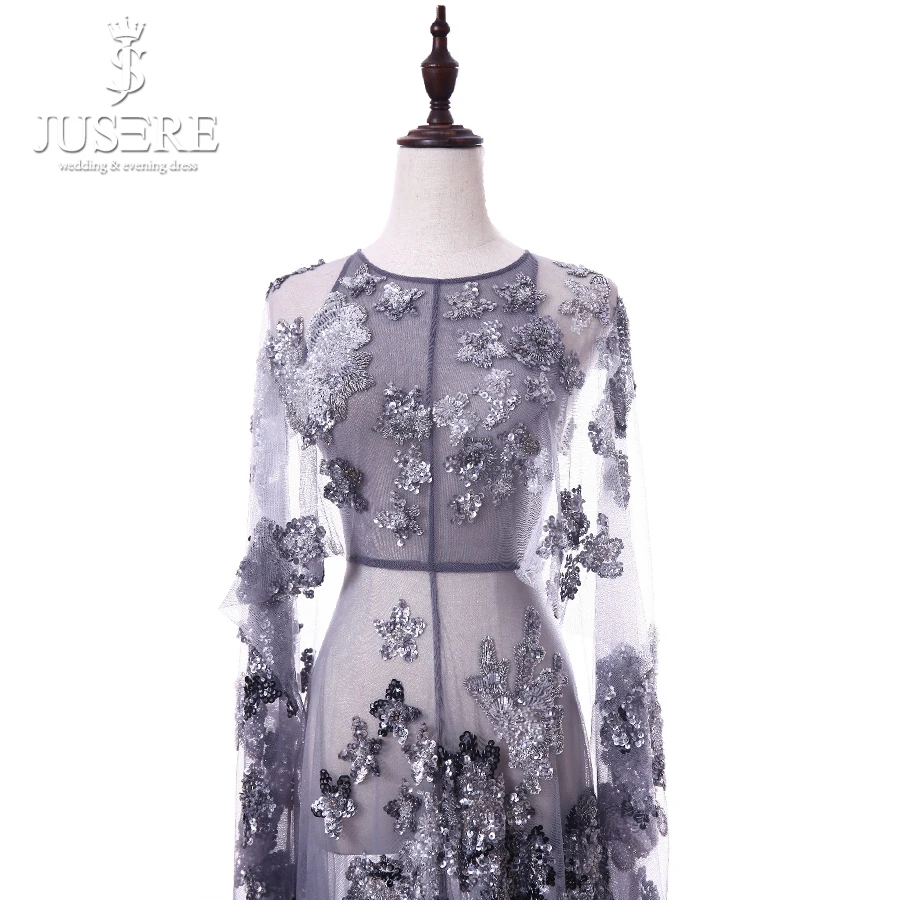 Long Sleeves Scoop Neckline Zipper up Back Transparent Tulle Sequin Beading Illusion Purple Luxury Glitter Evening Dress