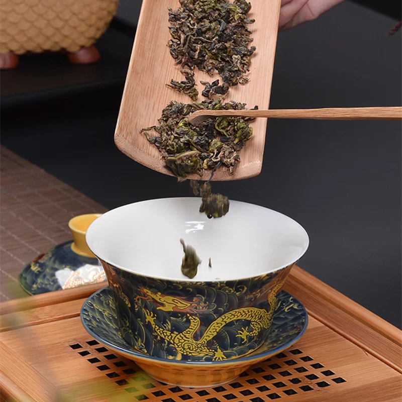 Распродажа, китайский чайный сервиз для кунг-фу, фарфоровая чашка gaiwan, блюдце, крышка с изображением дракона, Бамбуковая панда, керамическая супница, чаша, покрытая чашами