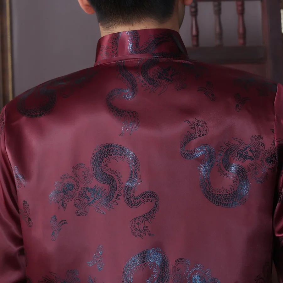

Burgundy Novelty Dragon Pattern Kung Fu Jacket Chinese Men Silk Rayon Coat Mandarin Collar Tang Suit M L XL XXL XXXL