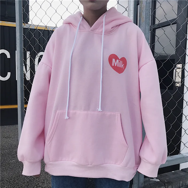 New Hooded Hoodies Women Strawberry Milk Heart Print Kangaroo Long Sleeve Sweatshirt Front Pocket Casual Harajuku Jumper | Женская