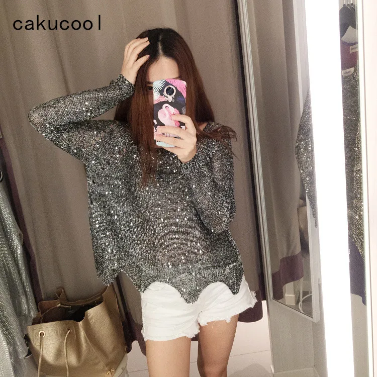 Cakucool женский свитер с пайетками полым каблуком трикотажный пуловер длинным