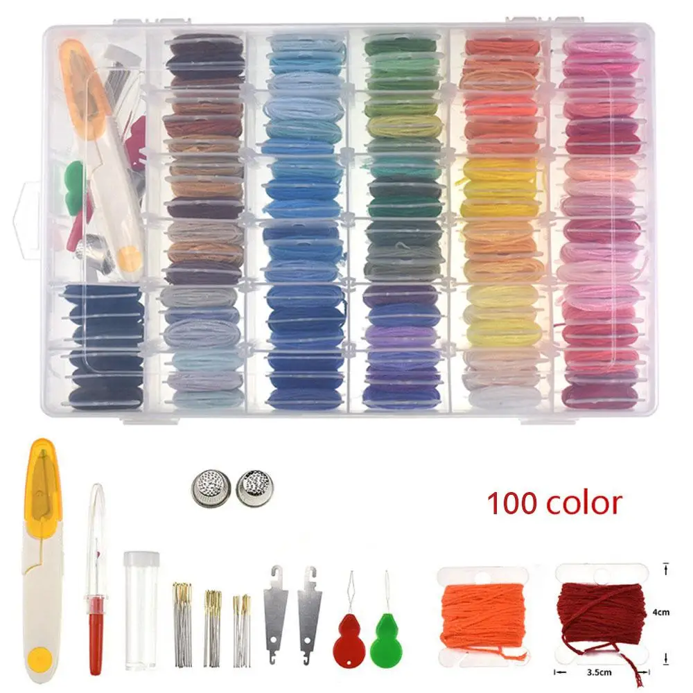 

100/96 Colors Scissors Embroidery Thread Knitting Sewing Tool KitCross Stitch Kits Craft Kit With Threader Needles Storage Box
